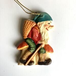 Vintage Christmas Resin Anri Elf Gnome Ornament w/Mushroom & Basket 2.5”H
